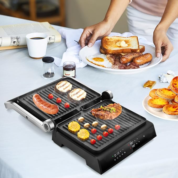 ARLIME 3 in 1 Panini Grill Press Sandwich Maker, 180 Degrees w/5 Auto Cooking Modes & LED Display, 1200W Electric Indoor Grill with Removable Plates & Drip Tray, Panini Press Grill for Breakfast