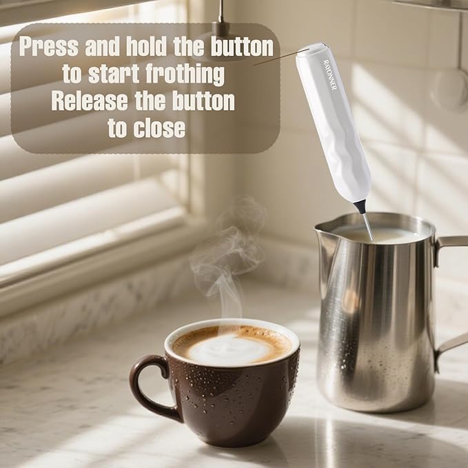 RAYONNER Milk Frother Handheld Fast Powerful Drink Mixer with Stainless Steel Whisk for Coffee, Battery Operated (White with Stand)