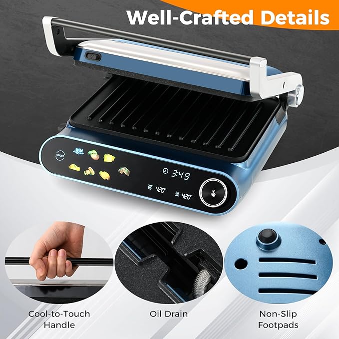 KOTEK Panini Grill Press Sandwich Maker, 3 In 1 Sandwich Press with Removable Non-Stick Plates & Drip Tray, Dishwasher Safe, 7 Cooking Modes, LED Touch Panel, Adjustable Temp, 1200W