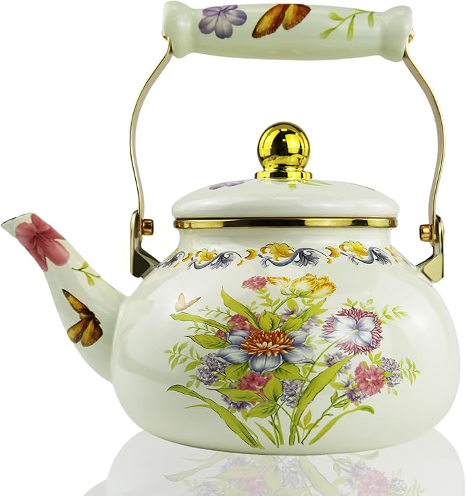 Floral Enamel Tea Kettle Vintage Teapot Colorful Boho Hot Water Bohemian Plant Flowers Print Coffee Kettle Pot 2.5L Porcelain Tea Pot for Stovetop Kitchen Decor