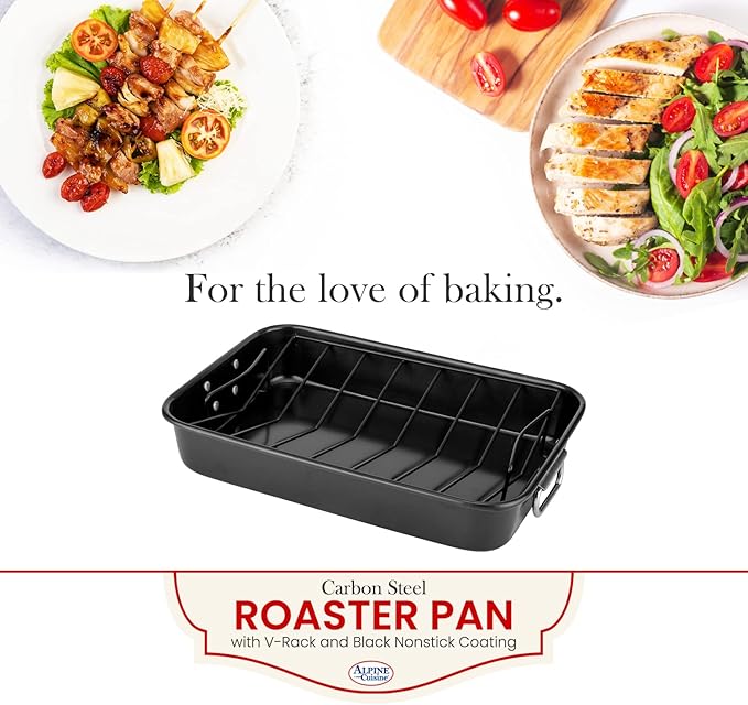Alpine Cuisine Turkey Roaster Pan with Rack 16-Inch - Nonstick Coating Carbon Steel Pan - Black & Heavy Duty Roasting Pan - Easy to Clean, Multipurpose Use - Durable & Dishwasher Safe