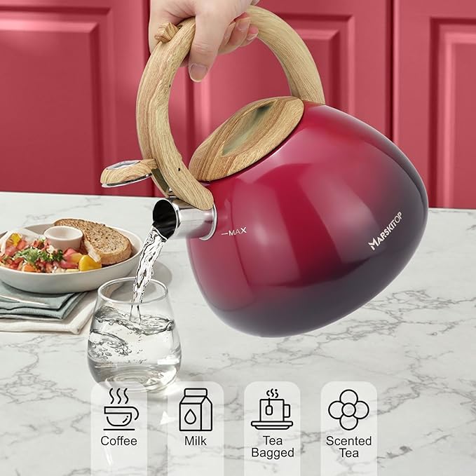 MARSKITOP Tea Kettle for Stove Top, Food Grade Stainless Steel Teapot for Stovetop, Tea Pot for Stove with Anti-Hot Handle, Stove Top Whistling Tea Kettle for Boiling Water, 2.6 Quart, Red