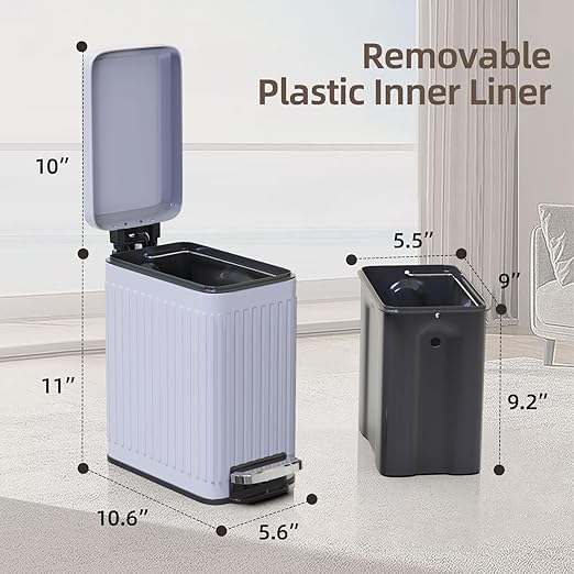 Slim Bathroom Garbage Can,6 Liter/1.6 Gallon Stainless Steel Trash Can with lid Soft Close,Small Garbage Cans for Bedroom, Office, Kitchen,Grey