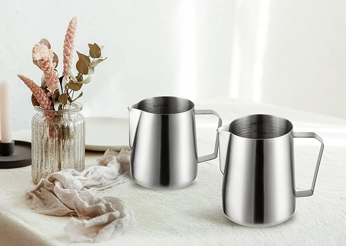 Stainless Steel Milk Frothing Pitcher 14oz, Espresso Milk Frother Cup 400ml Milk Steaming Pitcher with Measurement Scale, Latte Art Pitcher, steamer cup