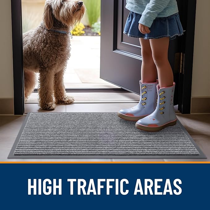 OLANLY Front Door Mat Indoor Outdoor Entrance, Waterproof Heavy Duty Doormat, Fade Resistant, Low Profile, Easy Clean Patio Porch Welcome Floor Mats for Entry, 47x24, Light Gray