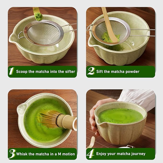 Matcha Whisk Set,7 PCS Ceramic Matcha Kit Includes Matcha Bowl with Spout, Matcha Whisk and Holder, Bamboo Scoop, Stainless Sifter, Tea Towel, Unique Gift for Matcha Lovers (Charcoal gray)