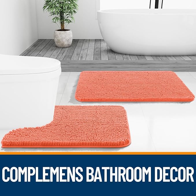 OLANLY Bathroom Rugs Sets 2 Piece, Soft Absorbent Chenille Bath Mats and U-Shaped Contour Toilet Mat Area Rug Set, Machine Washable Bath Carpet, Home Decor Accessories(24"x16"+24"x20", Coral)