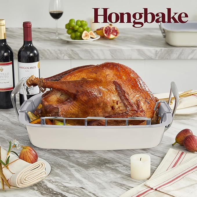 HONGBAKE Ceramic Coated Nonstick Large Turkey Roasting Pan with Rack (U-Shaped), 18.7×13.6 Inch Deep Roaster Pan for 25 lb Turkey & Chicken, Wider Handles, Non Toxic, PFOA & PTFE-Free, Cream & Gray