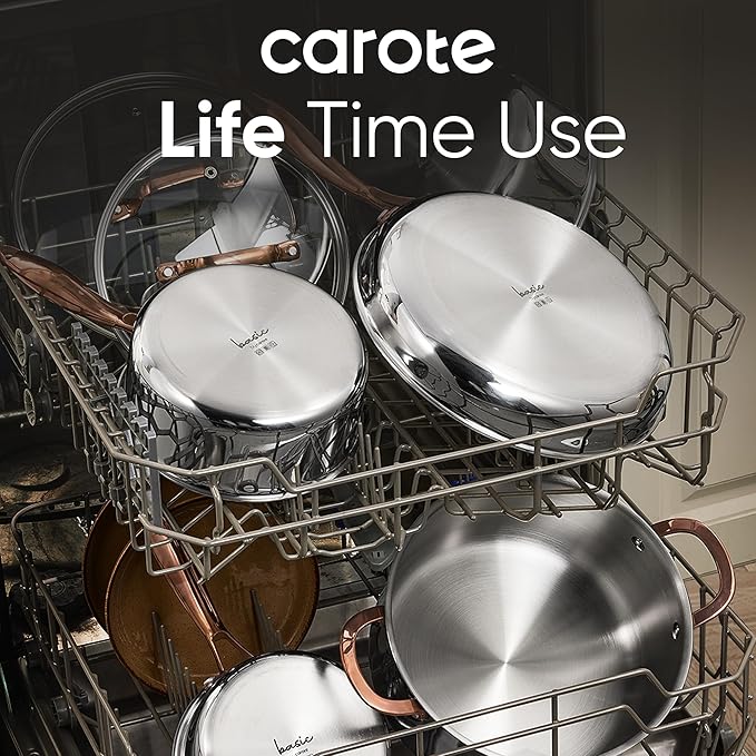 CAROTE 1.6Qt & 3.0Qt Stainless Steel Saucepan Set, Non-Toxic 3-Ply Stainless Steel Cookware Set with Lids, Small Kitchen Pots, Oven Safe, Compatible with Induction, Ceramic, Gas