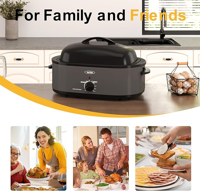 Roaster Oven, Electric Roaster Oven with Viewing Lid, Large Roaster with Removable Pan & Rack, Turkey Roaster with Unique Defrost/Warm Function, Stainless Steel, Grey, 20QT