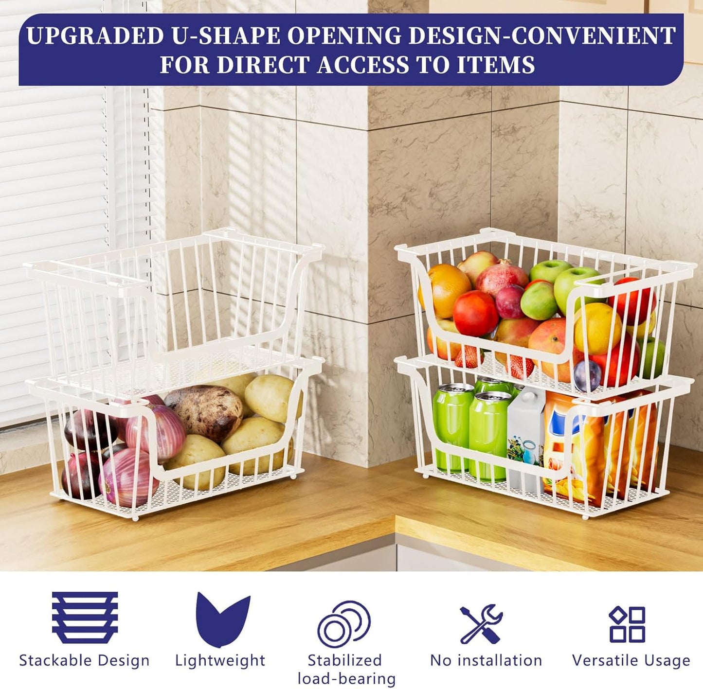 Enhanced Leak-Proof Bottom Stackable Wire Baskets, 6 Pack Pantry Organizers and Storage, pantry storage,Shelf Baskets, Fruit Basket, Potato and Onion Storage Bins,(White)