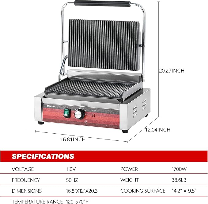 Commercial Panini Press Grill with Grooved Plates Electric Sandwich Maker with Adjustable Temp Control 110V 1700W 14"×9.5" Ribbed Enamel Plates for Breakfast and Hamburger in Home Kitchen