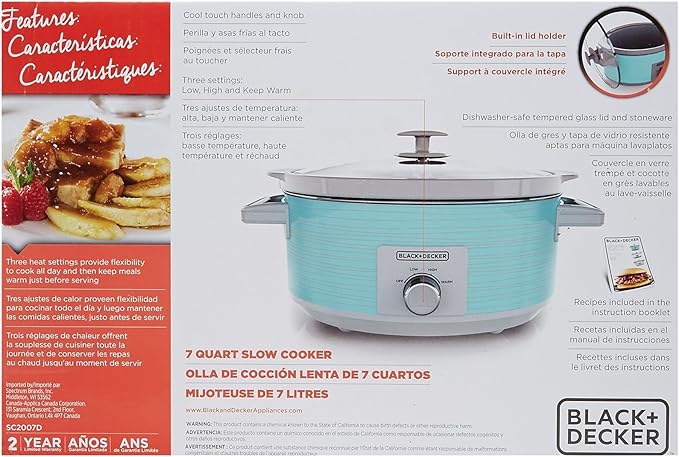 BLACK+DECKER 7-Quart Slow Cooker, SC2007D, Lid Holder, 3 Heat Settings, Extra Large Handles, Dishwasher Safe, Teal
