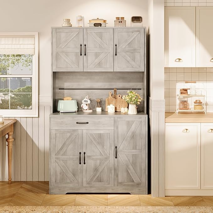 71" Kitchen Pantry Cabinet with Charging Station, Buffet Sideboard for Coffee Maker & Toaster, Storage Cabinet for Snacks, Spices & Wine, Fits Kitchen, Dining Room & Coffee Bar,Grey