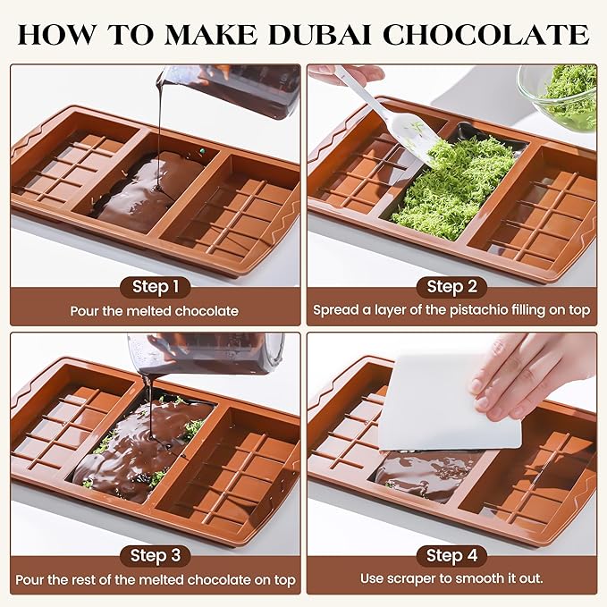3 Pcs Dubai Chocolate Bar Mold Deep Silicone 0.85 Inch Large Stuffed Chocolate Molds Nonstick Break Apart Square Shape Thick Candy Bar Molds