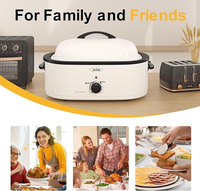 Roaster Oven, Electric Roaster Oven with Viewing Lid, Large Roaster with Removable Pan & Rack, Turkey Roaster with Unique Defrost/Warm Function, Stainless Steel, White, 20QT