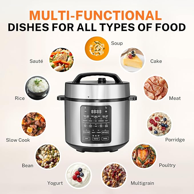 Simple Deluxe Electric Pressure Cooker, Non-Stick 12-in-1 & 6QT Stainless Steel Multi Cooker for Slow Cook, Meat Stew, Cake, Porridge, Multigrain, Dishwasher Safe, Silver