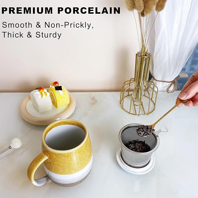 13.5oz Tea Mug with Infuser and Lid, Loose Leaf Tea Cup with Strainer, Porcelain Steeping Teacup, Yellow Infuser Mug for Birthday, Christmas, Thanksgiving, Housewarming Gift