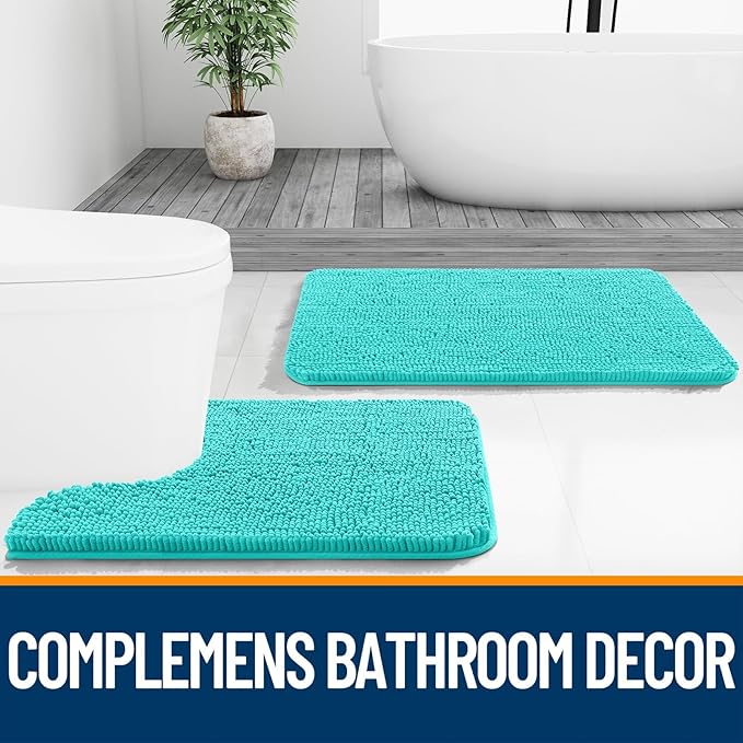 OLANLY Bathroom Rugs Sets 2 Piece, Soft Absorbent Chenille Bath Mats and U-Shaped Contour Toilet Mat Area Rug Set, Machine Washable Bath Carpet, Home Decor Accessories(30"x20"+24"x20", Teal)