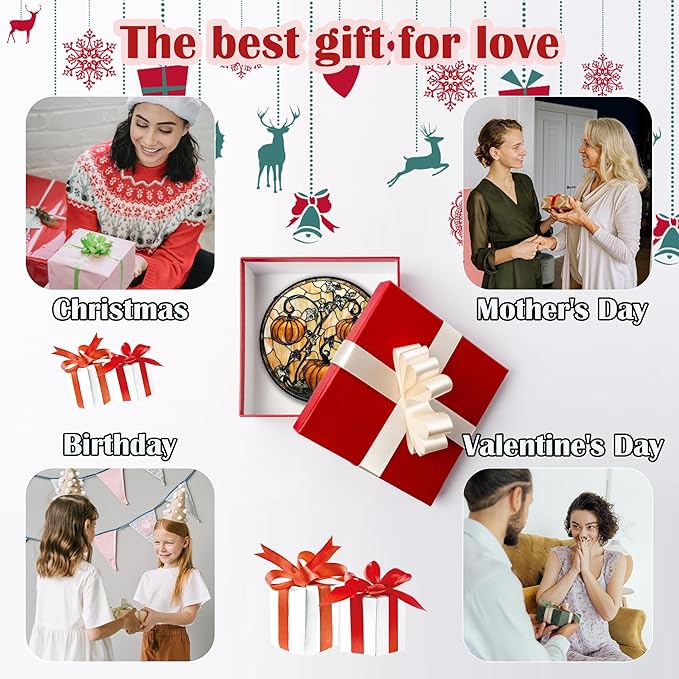 Stained Glass Window Hanging - Halloween Decoration Orange Pumpkin Vine Leaves Suncatcher for Door Garden Spooky Sun Catchers Gothic Decor Horror Gifts for Women Men Friend Boy Girl 15 in
