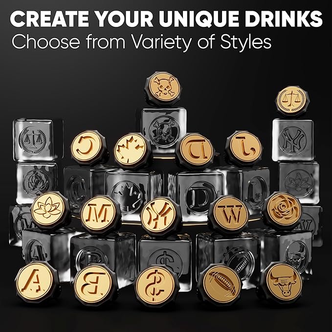 Berlinzo Ice Stamp Ring for Cube & Sphere - Custom Ice Cubes for Whiskey, Mojito Cocktails – Ball shaped Brass Ice Stamp ball/ 3mm Depth - Black