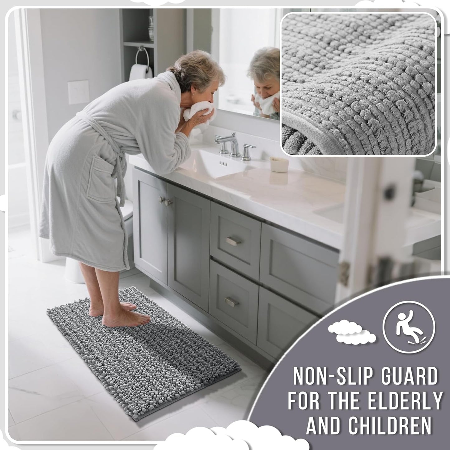 Yimobra Large Bathroom Rugs Non Slip Washable 36x24 Inch - Ultra Soft Absorbent Chenille Bath Mat, Quick Dry Shaggy Floor Carpet for Tub Shower, Gray Home Decor Accessories