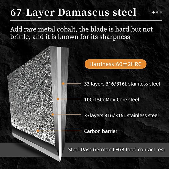 Damascus Knife Set with Block for Kitchen, VG10 Core Damascus Steel Chef Knife Set with Triple-Rivet Handle, Knife Sharpener, 16PCS with Ash Wood Knife Block