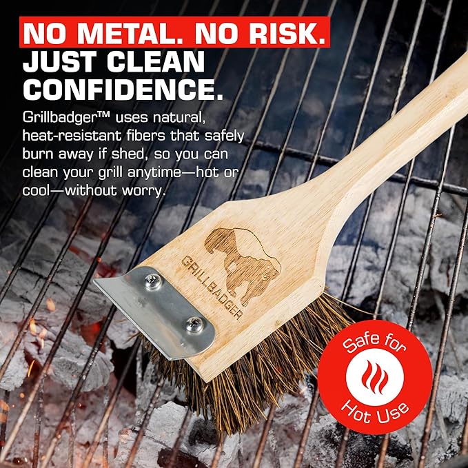 The Original Non Metal Grill Brush for Outdoor Gril | High Temp Heat Resistant BBQ Cleaning Brush | Long Lasting Wooden BBQ Cleaner with Scraper, Safe for Cast Iron Grates - Natural Wood
