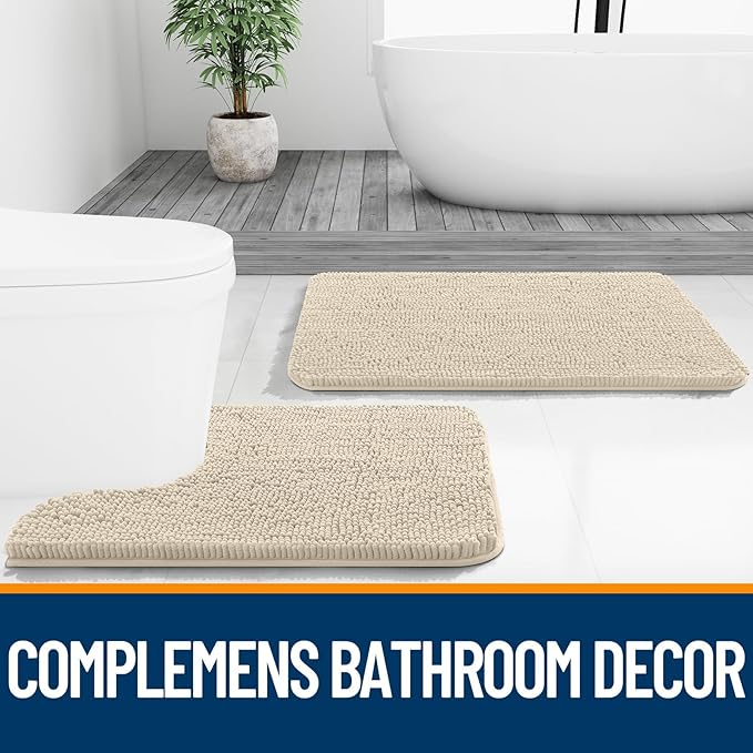 OLANLY Bathroom Rugs Sets 2 Piece, Soft Absorbent Chenille Bath Mats and U-Shaped Contour Toilet Mat Area Rug Set, Machine Washable Bath Carpet, Home Decor Accessories(36"x24"+24"x20", Sand)
