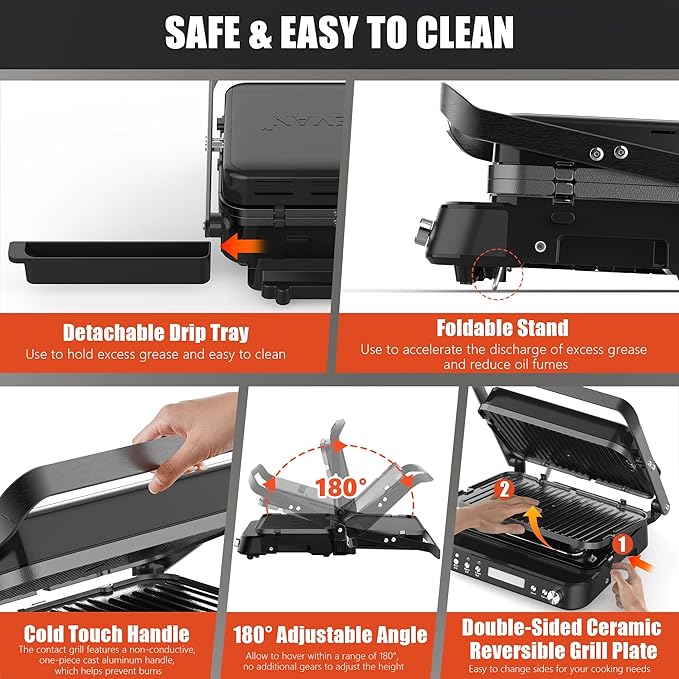CATTLEMAN Panini Grill Press Sandwich Maker with Removable Plates, 6 in 1 Indoor Grill & Electric Griddle with Meat Thermometer, PFAS Free Ceramic Nonstick Reversible Plates, Opens Flat, 1600W