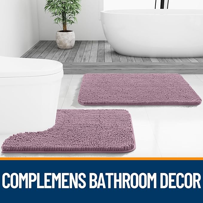 OLANLY Bathroom Rugs Sets 2 Piece, Soft Absorbent Chenille Bath Mats and U-Shaped Contour Toilet Mat Area Rug Set, Machine Washable Bath Carpet, Home Decor Accessories(24"x16"+24"x20", Deep Plum)