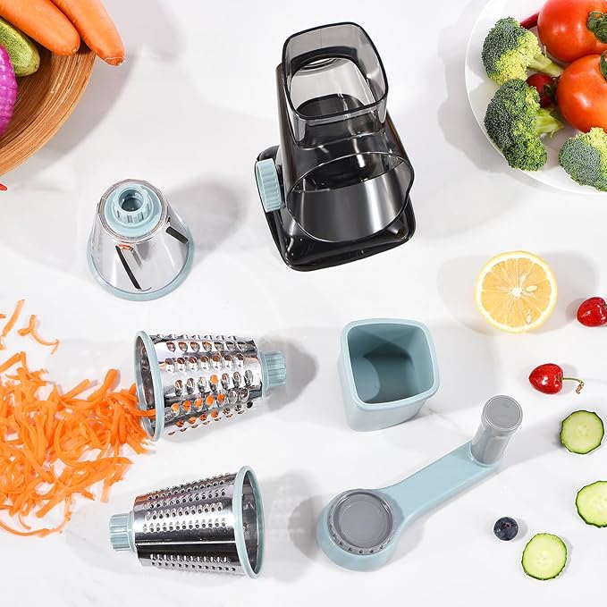 Rotary Cheese Grater with Handle Kitchen Shredder Slicer Grater Slicer Ice Shaver Cheese Vegetable Nuts Potato Zucchini Chocolate 3 Interchangeable Blades