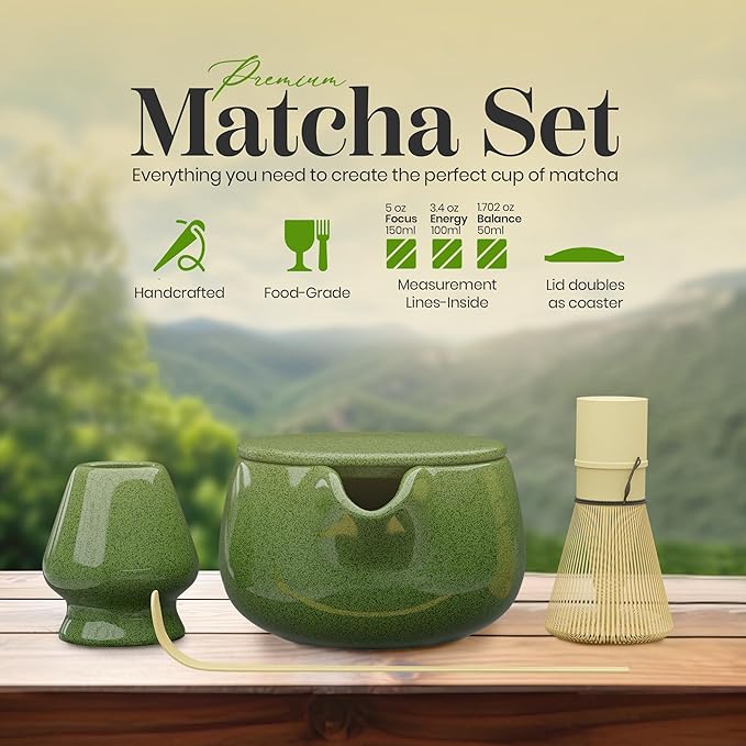Matcha Whisk Set – Traditional Bamboo Chasen with Ceramic Bowl (Green), Measurement Lines, Spoon, Lid/Coaster - Green