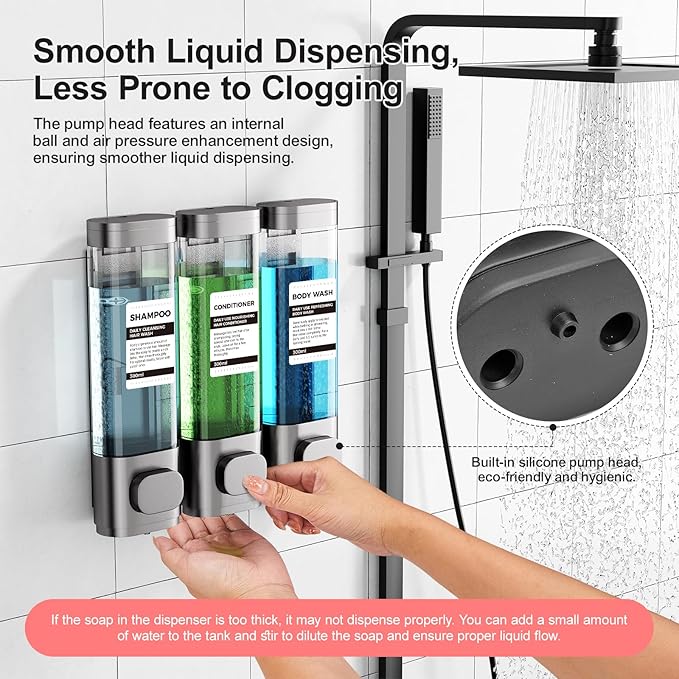 3-Chamber Wall Mounted Shampoo and Conditioner Dispenser,300ML Each Shower Soap Dispenser,Easy Refill,No Drip,Ideal for Shampoo,Conditioner,Body Wash for Bathroom Kitchen Hotel