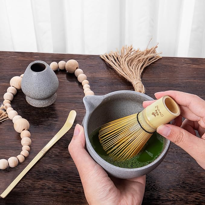 Stone-Texture Gray Matcha Whisk Set with Pouring Spout – Japanese Matcha Kit with Handcrafted Ceramic Bowl, Bamboo Whisk, Scoop, and Holder for Authentic Tea Ceremony
