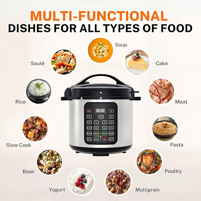 Simple Deluxe 16-in-1 Electric Pressure Cooker, 8QT Stainless Steel & Non-Stick Multi Cooker for Slow Cook, Meat Stew, Cake, Porridge, Multigrain, Dishwasher Safe, Silver