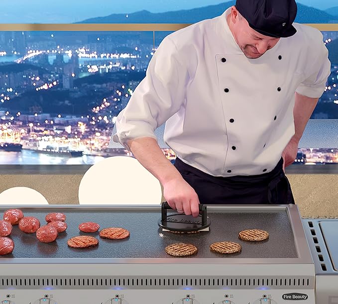Fire Beauty Burger Press,Cast Iron 6.5" Enamel Surface Grill Press with Wood Handle,Food-Grade Smash Burger Press for Seared Bacon,Steak&Burger