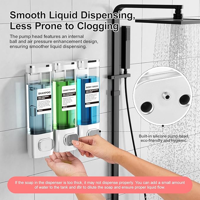 3-Chamber Wall Mounted Shampoo and Conditioner Dispenser,300ML Each Shower Soap Dispenser,Easy Refill,No Drip,Ideal for Shampoo,Conditioner,Body Wash for Bathroom Kitchen Hotel