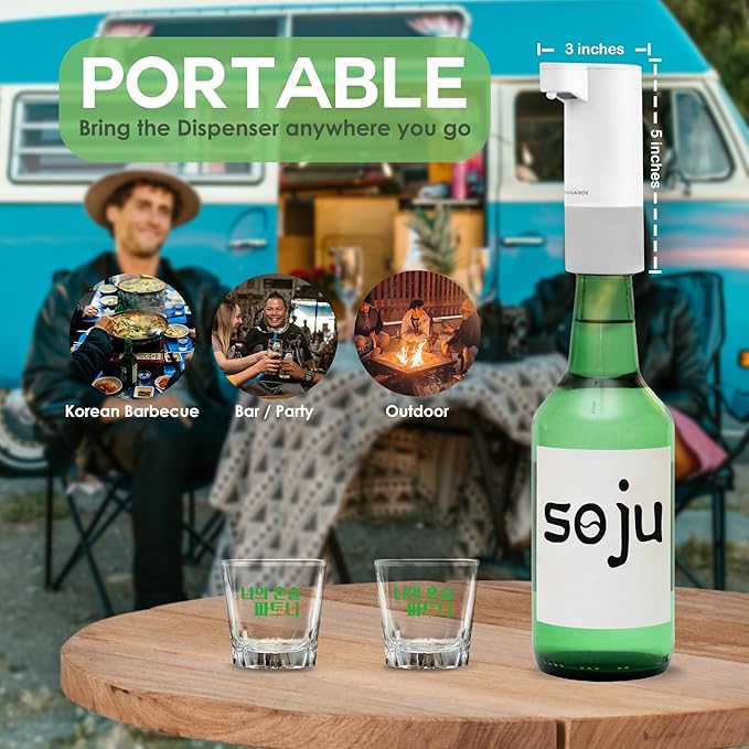 Soju Dispenser - Battery Powered Automatic Dispensers - Easy To Clean, BPA Free One Touch Korean Soju Dispenser with 2 Shot Glasses- Ideal for Parties So-Ju Drinkers, KBBQ Lovers