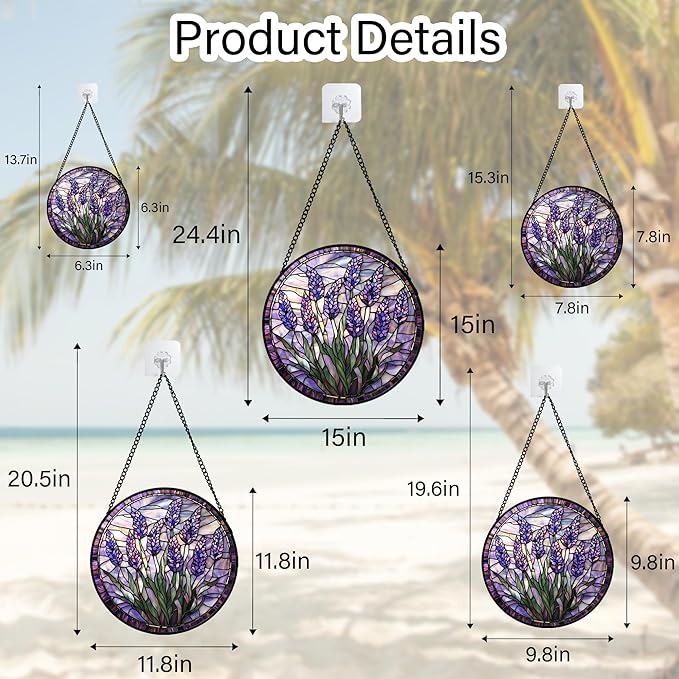 Stained Glass Window Hanging - Purple Flowers Suncatcher for Door Terrace Garden Home Decor Lavender Plant Floral Sun Catcher Birthday Gifts for Lovers Women Men Dad Mom Nana 15 in