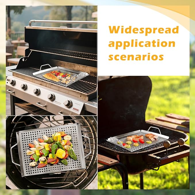 11 x 14 Inch Nonstick Grill Tray with Handles,Perforated Stainless Steel Grill Pans for Outdoor Grill,Heavy Duty Grilling Accessories for Charcoal/Gas Grills,Easy to Use and Clean (11 * 14)