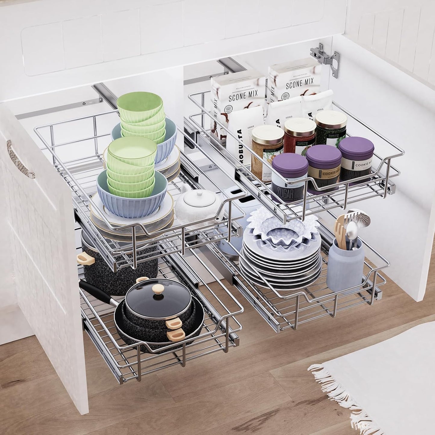 Pull Out Cabinet Organizer 9" W X 17" D, Slide Out Drawers For Kitchen Organizers and Storage, Pull Out Drawers For Cabinets Capacity Heavy Duty Caddy, Cabinet Shelves Chrome-Plated, Bathroom Pantry