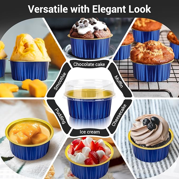 EUSOAR Disposable Ramekins with Lids, Royal Blue 50pcs 5oz Creme Brulee Ramekins Disposable, Muffin Liners Cups,Mini Cheesecake Foil Pans Dessert Containers with Lids for Party Favor Birthday