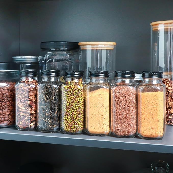 8oz Glass Spice Jars with Grinder Lids, Square Spice Bottles with Deeper Shaker Lids and Airtight Metal Caps, Seasoning Containers for Spice Organization, Fits Cabinet, Drawer, Spice Rack, 15 pack