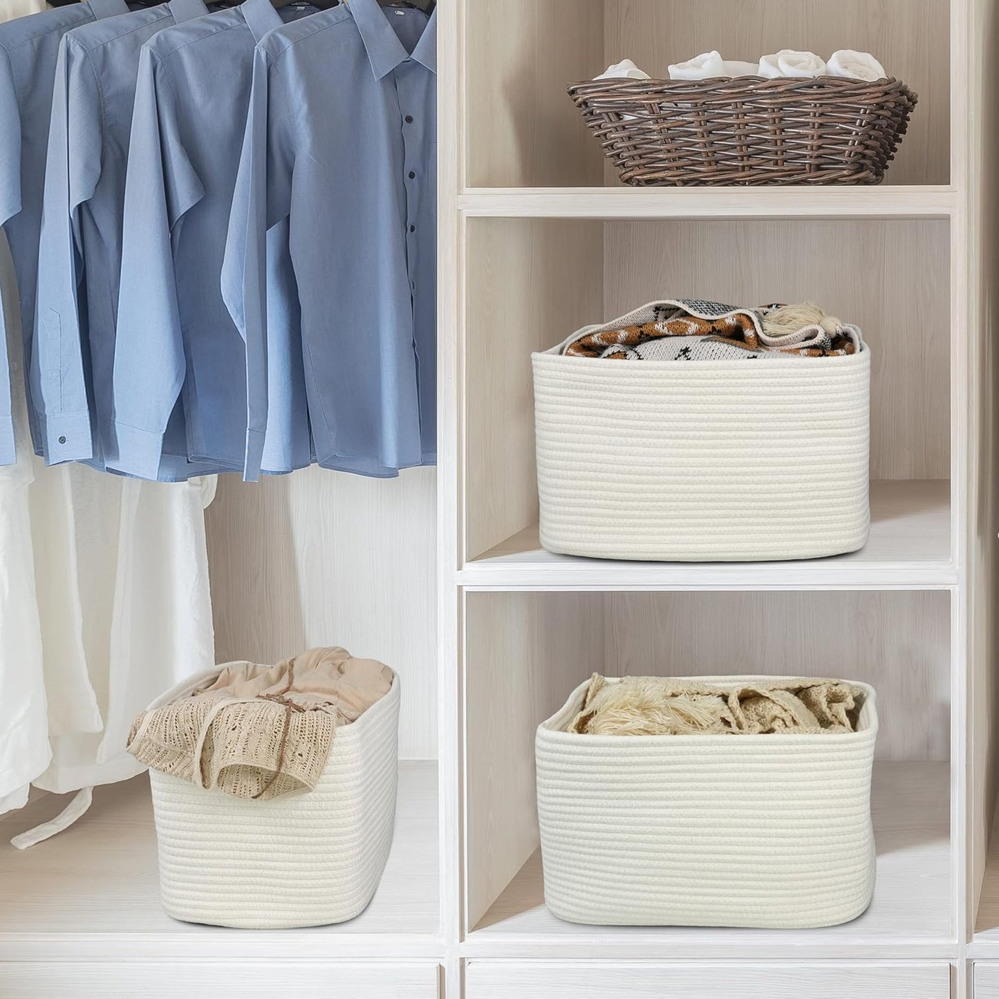 Cotton Rope storage Basket Bins Woven Basket for Organizing Shelves Rectangle Decorative Baskets For storage Clothes Toys Books Towels Square Wicker Nursery basket organizer 3 pack white