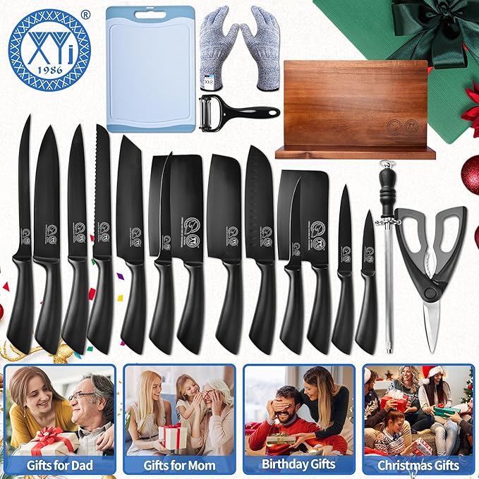 XYJ Professional Knife Sets for Master Chefs,Meat Cleaver Butcher for Camping,Chef Knife Set with Magnetic Knife Block,Bag,Stainless Steel Kitchen Knives Tools Kit
