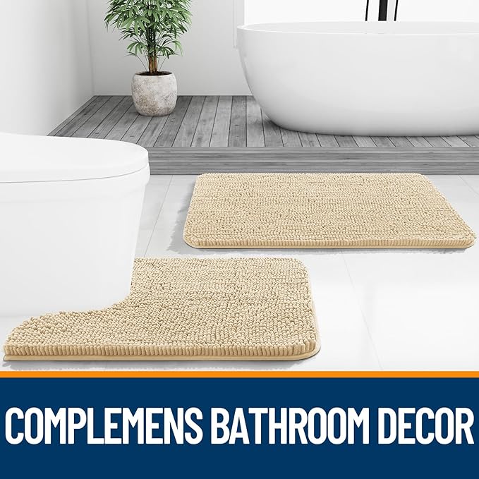 OLANLY Bathroom Rugs Sets 2 Piece, Soft Absorbent Chenille Bath Mats and U-Shaped Contour Toilet Mat Area Rug Set, Machine Washable Bath Carpet, Home Decor Accessories(30"x20"+24"x20", Beige)