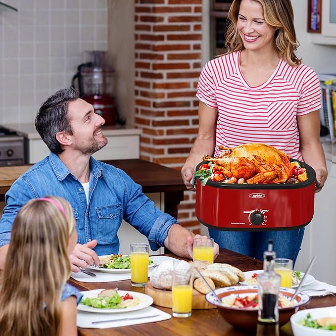 Roaster Oven, Electric Roaster Oven with Viewing Lid, Large Roaster with Removable Pan & Rack, Turkey Roaster with Unique Defrost/Warm Function, Stainless Steel, Red, 18QT