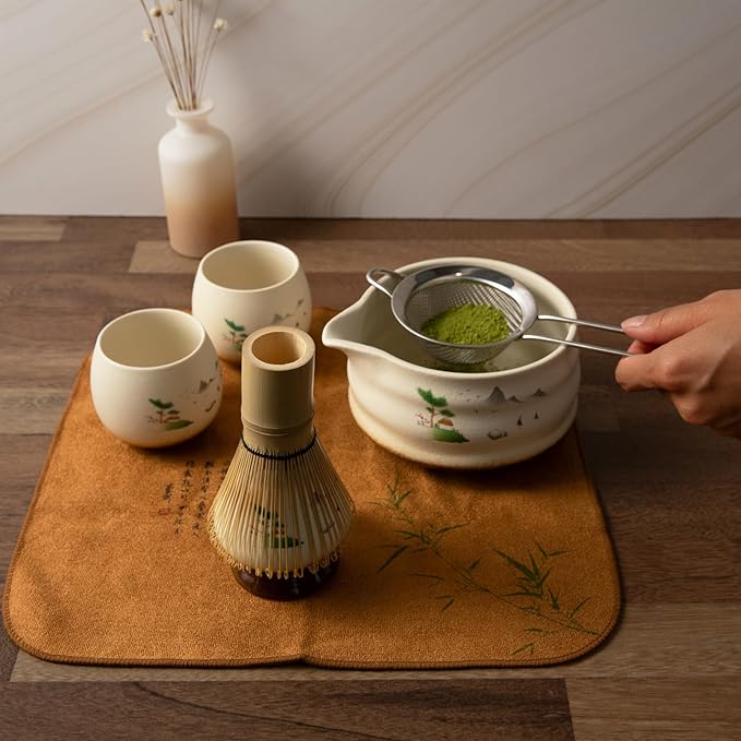 Matcha Whisk Set- Matcha Set includes Matcha Whisk and Bowl (Bowl with Spout), Sifter, Holder and Scoop- The Perfect Bamboo Whisk for Matcha Tea (Cream- 7PC)