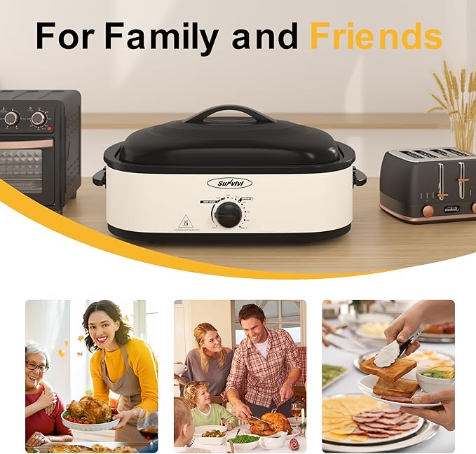Electric Roaster Oven with Self-Basting Lid, Turkey Roaster Oven with Removable Pan and Rack, Stainless Steel, White, 14QT
